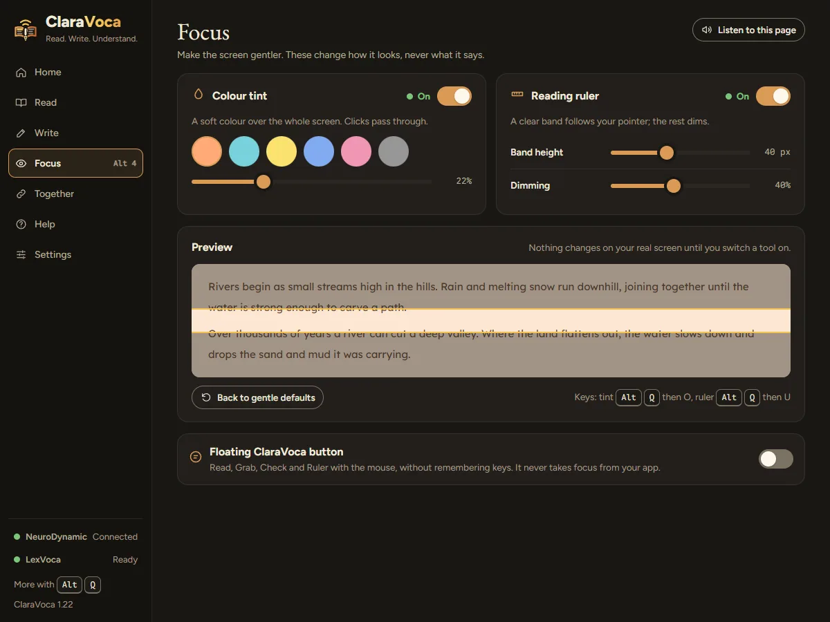 The Focus page with colour tint swatches, reading ruler settings and a live preview