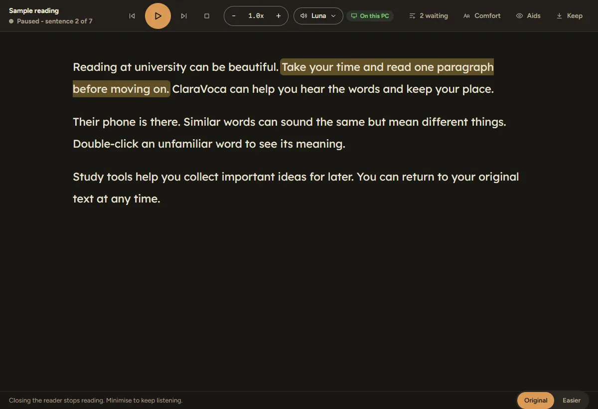 The ClaraVoca reader with a paragraph and the current sentence highlighted, and playback controls along the top