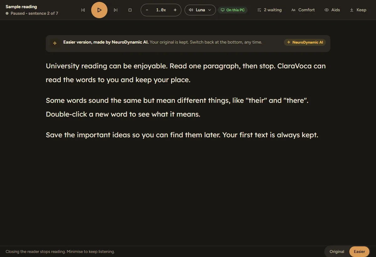 The reader showing an easier version of the text, with a switch between Original and Easier at the bottom