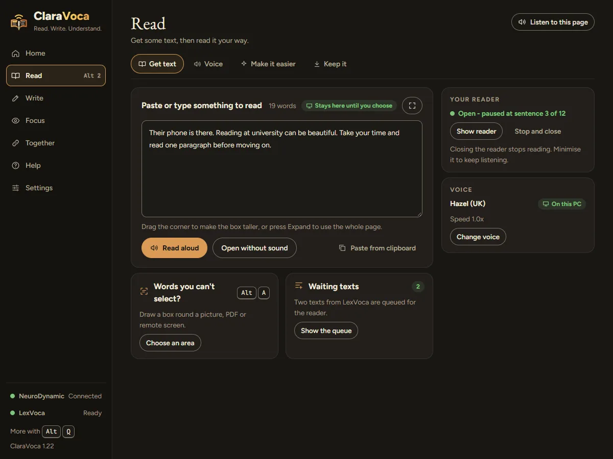 The Read page, with a box for pasted text, the reader status and a card for grabbing words you can't select