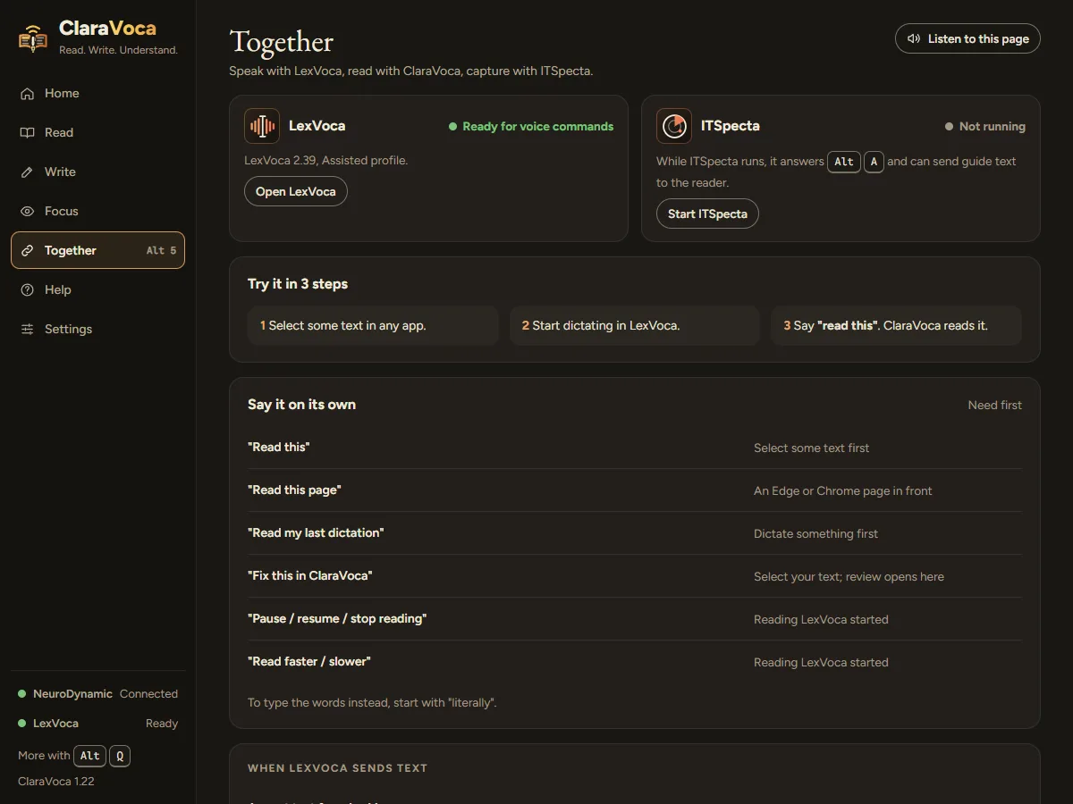 The Together page showing LexVoca and ITSpecta, three steps to read with your voice, and the phrases you can say