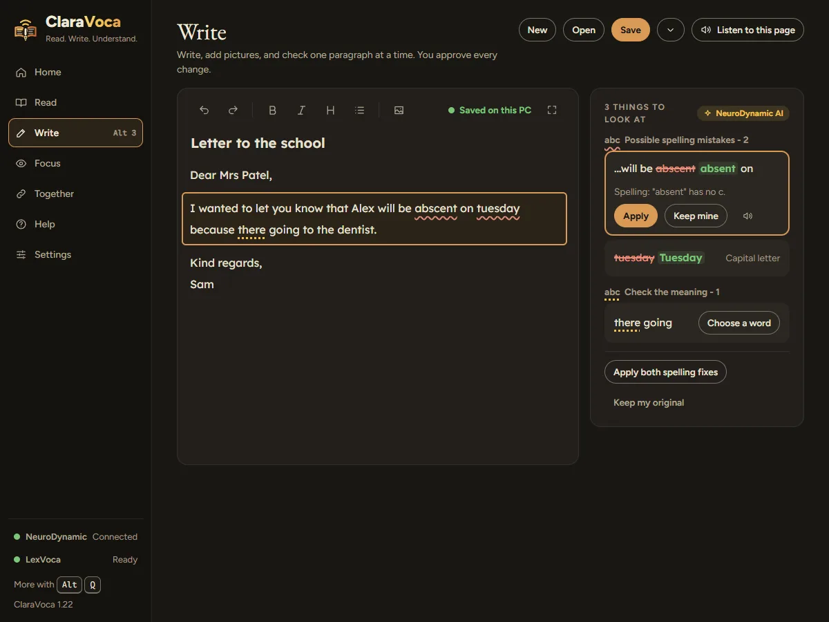 The Write page with a letter, the paragraph being checked outlined, and suggested spelling changes listed beside it with Apply and Keep mine