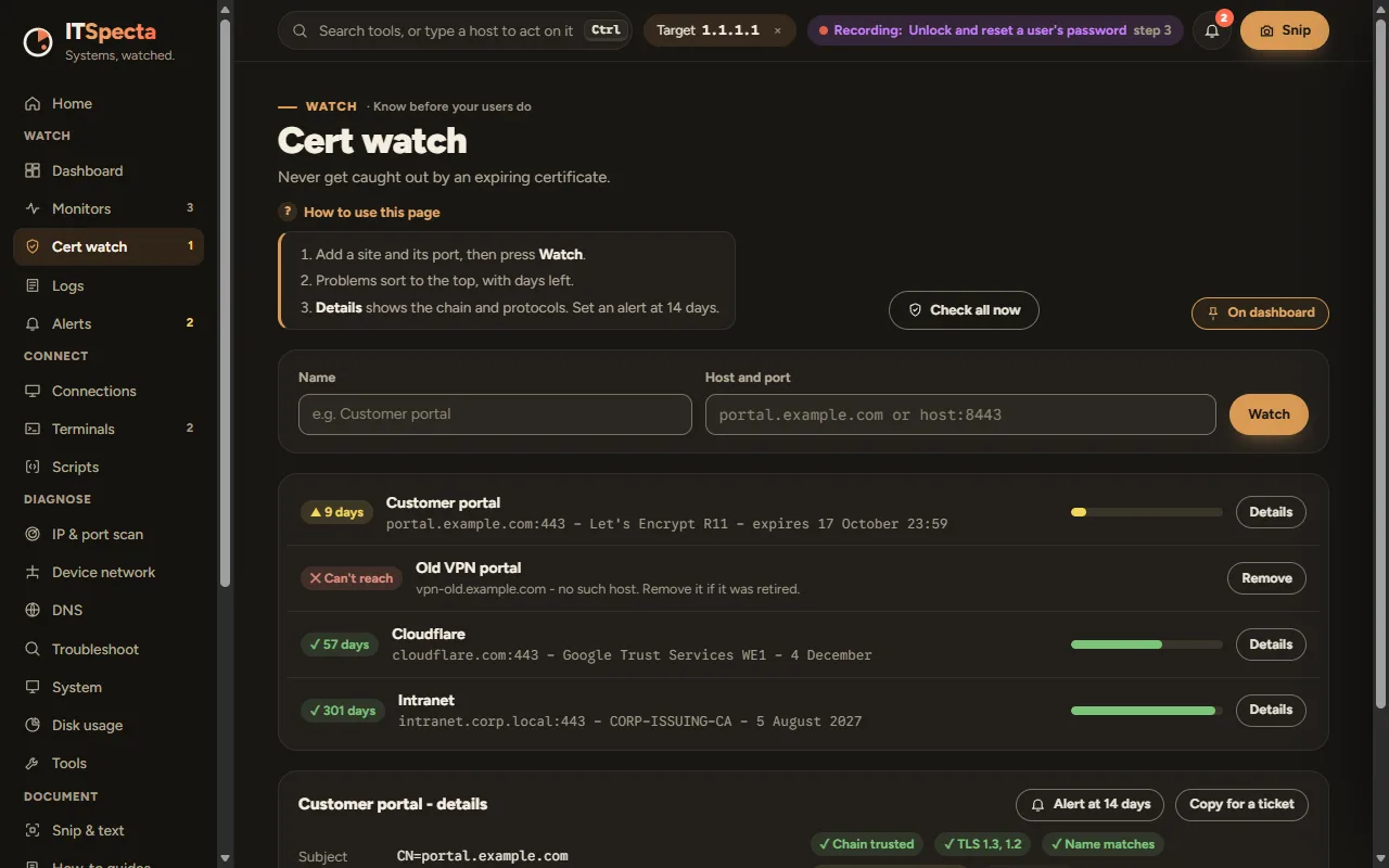 Cert watch, listing watched sites with days left on each certificate