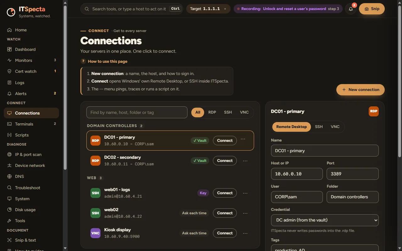 The Connections page, with domain controllers and web servers in groups and a connection's details