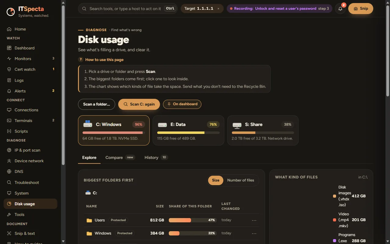 Disk usage, showing drives, the biggest folders and the kinds of files using the space