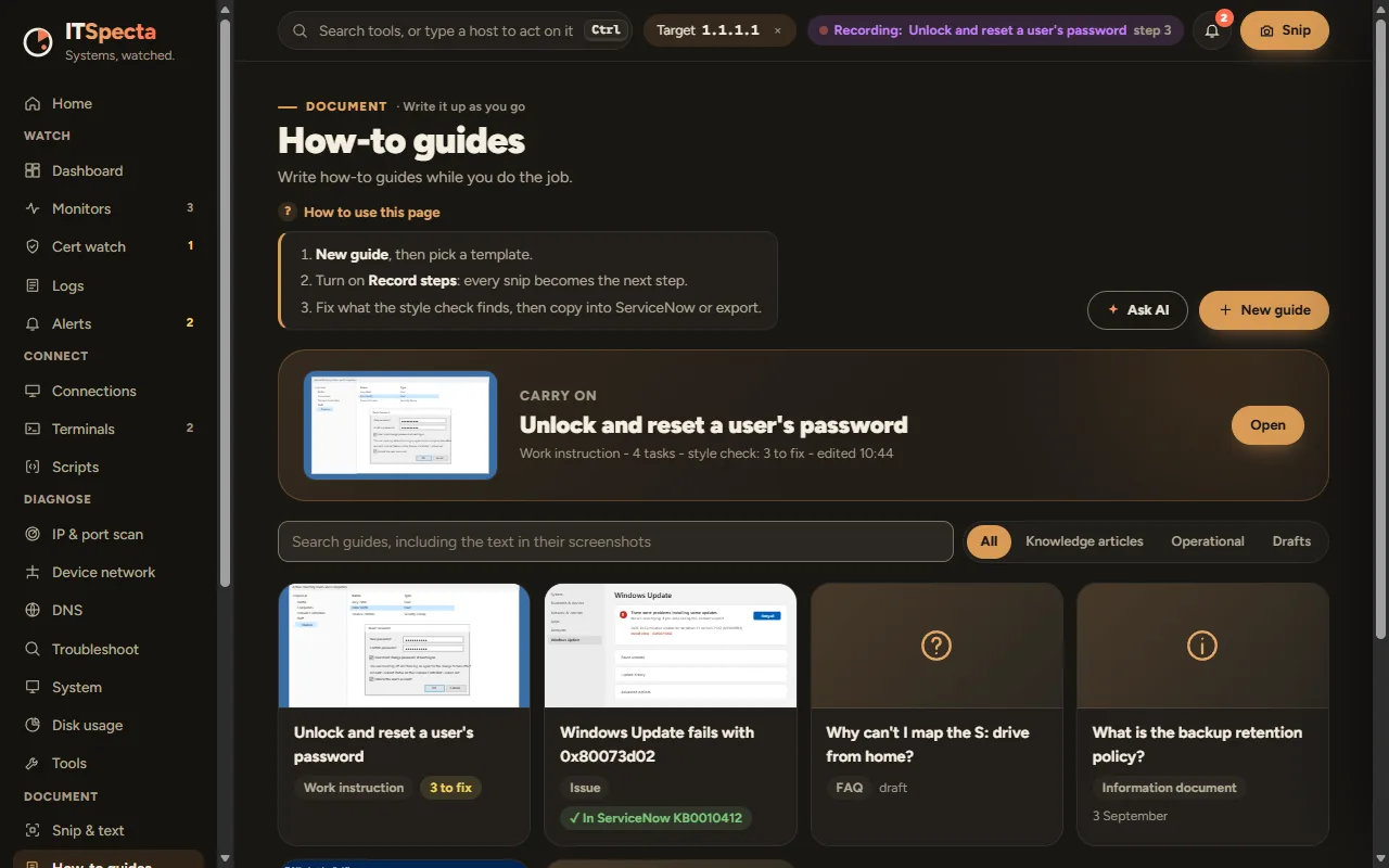 How-to guides, with a guide being recorded and a library of finished guides