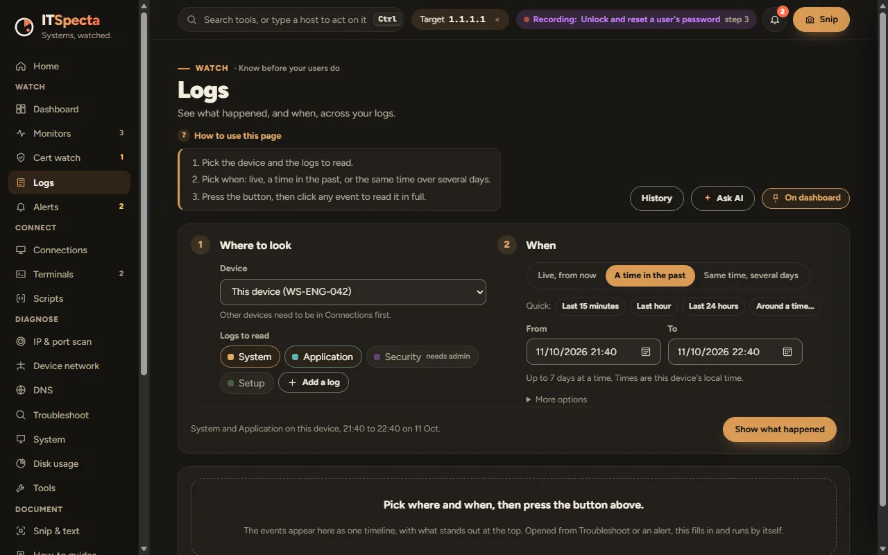 The Logs page with a device, log choices and a time range