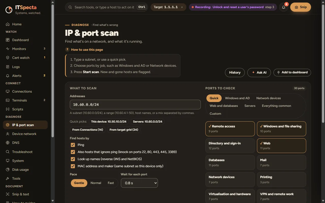 IP and port scan, with a subnet, quick-scan presets and port groups to check